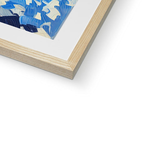 A picture of a closeup of a wooden frame with a blue photo.