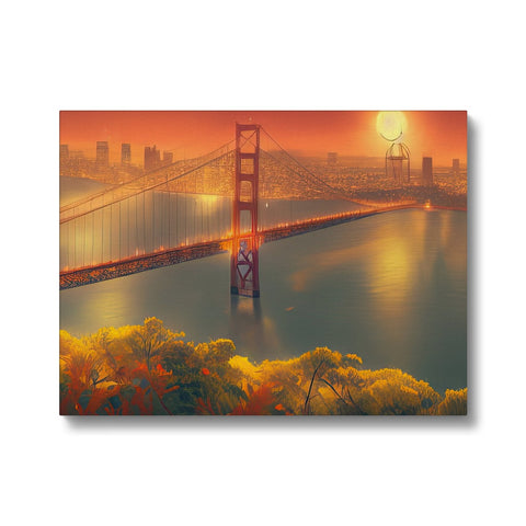 Art print of a golden gate with a lighthouse on it.