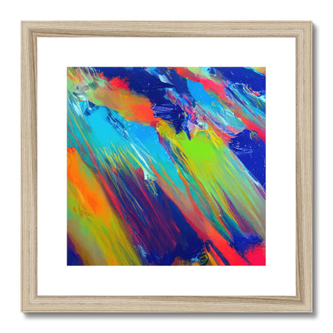 a colorful framed piece of an art print in green wood with a white border