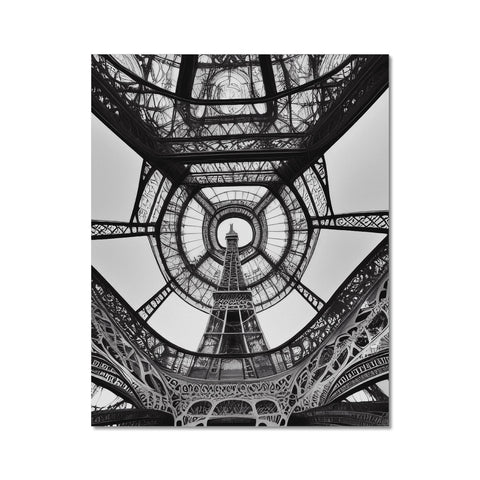 a small black and white portrait of the Eiffel Tower on a metal frame