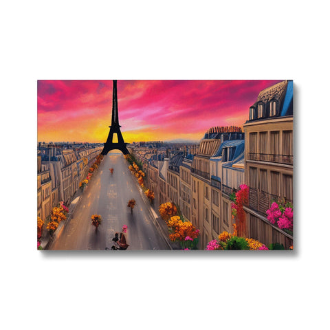 A large square with an enormous painting of the city of Paris in the distance.