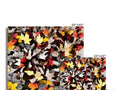 Fall foliage by a tile wall with a picture of autumn leaves.