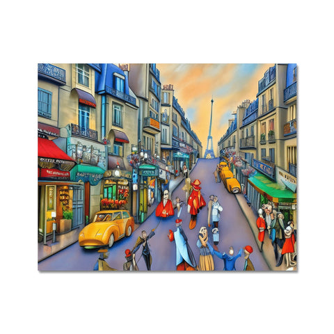 A beautiful street with cobblestone walking down a street lined with colorful art prints.