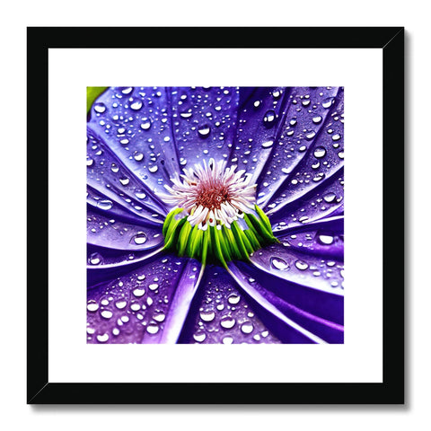 A purple flower on a wooden framed art board with raindrops hanging on the edge.