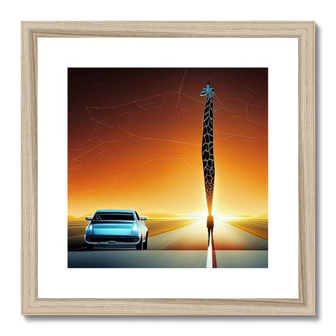 Two giraffe standing across a desert road at dusk holding a stick.