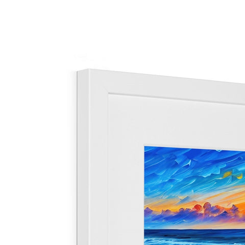 A photo frame holding a blue framed painting on top of a wall