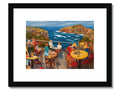 A painted picture of a restaurant on a cliff overlooking a sea.