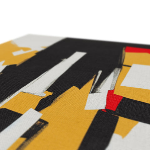 A yellow stripe blanket and a red pen lying on a flat sheet of white fabric on