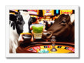 A black cow on its back at a white casino table.