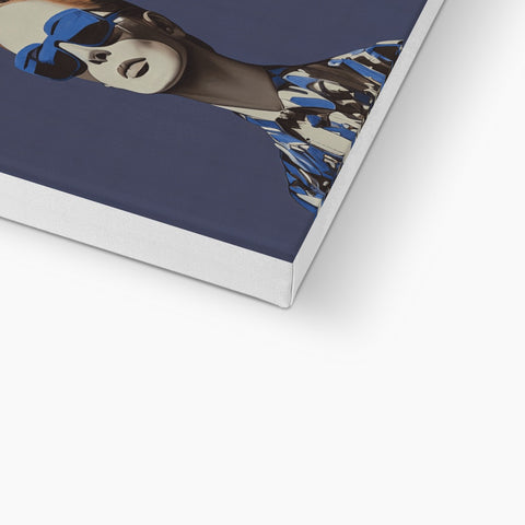 A blue hardcover book that has a photo of an artwork on a frame.