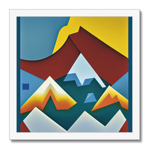 Art print in view of a blue sky in front of mountains.