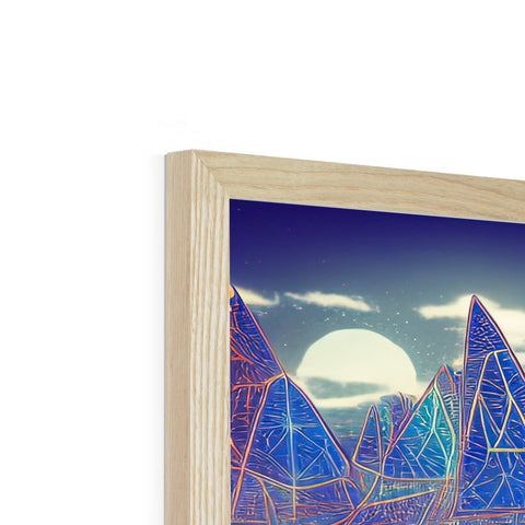 A picture frame holds artwork on a wooden shelf.
