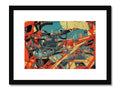A framed image of an abstract art print with a sun and a city.