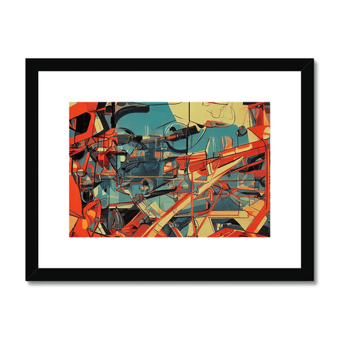 A framed image of an abstract art print with a sun and a city.