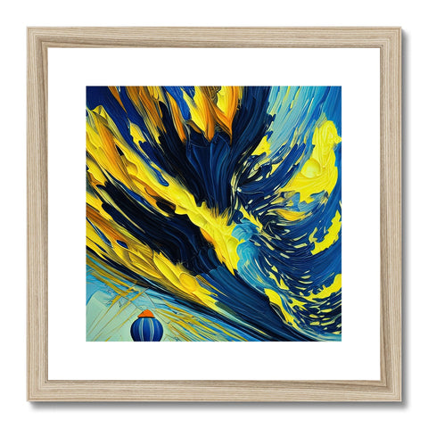 A painting of a large yellow and blue sea wave on a wall hanging in a store