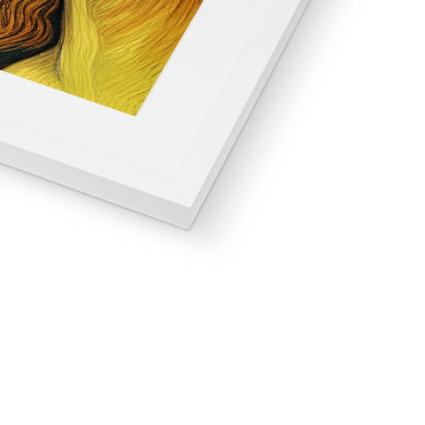 A picture of a gold framed art print sitting on top of a painting.
