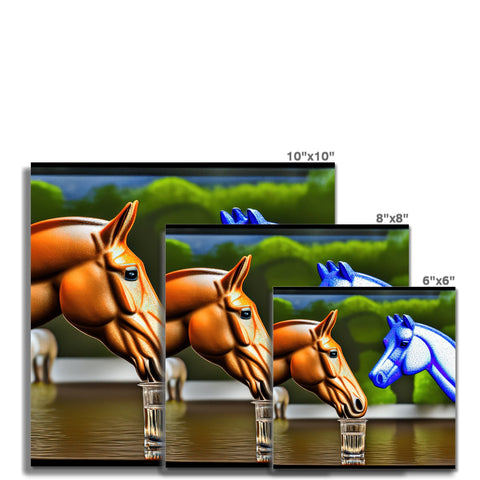 Several horses on water next to a mirror or window.
