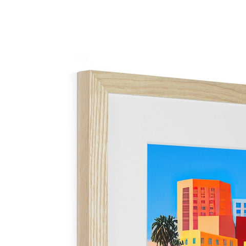 A very simple photo of a wooden photo frame with a wooden frame filled with art,