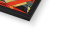 A piece of cardboard is in a dark colored picture frame with an art print sitting on