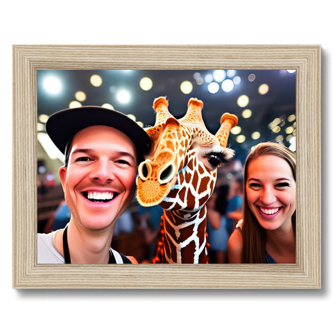 A giraffe holding a wooden photo frame that has two people standing beside him.