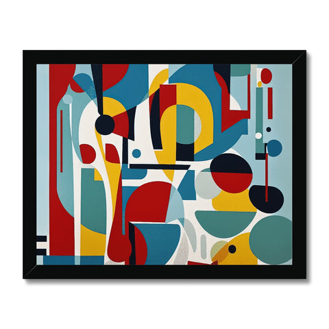 A colorful picture of an abstract print hanging from a colorful wall.