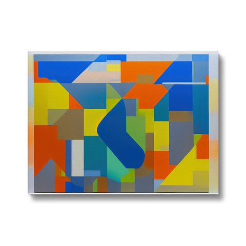 A rectangle mosaic that is surrounded by blue and yellow artwork.