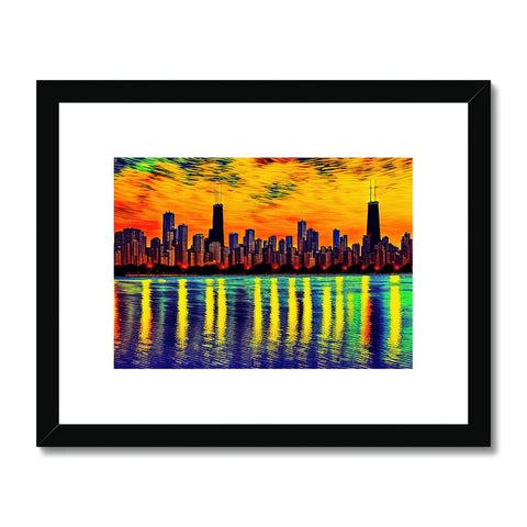 An art print on a city skyline above a green lake.