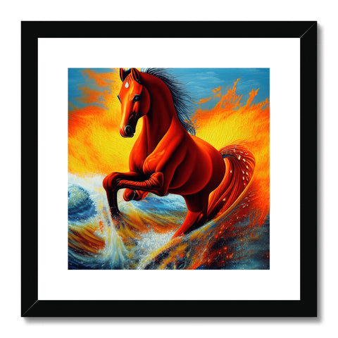 an art print of an equine standing in a water with horses standing on the rocks