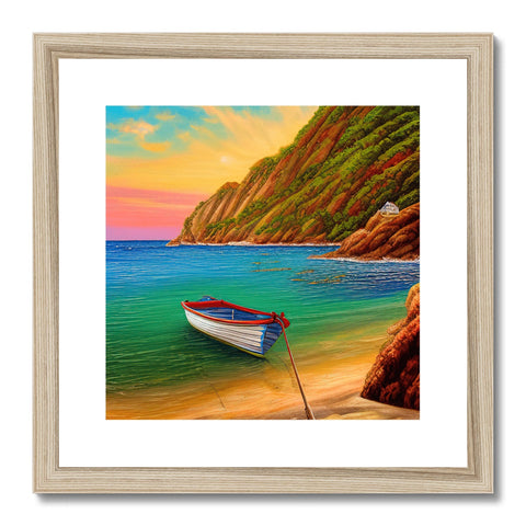 An art print depicting the ocean with a boat floating at sunset.