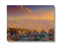 Art prints from the front of the city of San Francisco next to mountains.