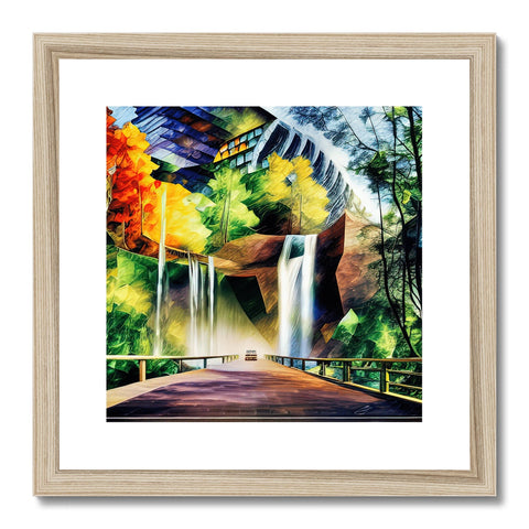 Art print on a wooden frame with a walkway near a waterfall and a bridge.