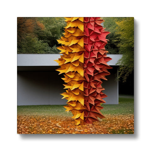 Fall leaves in a row are shown on an art print with a dog looking on.