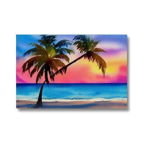A wooden background painted with a palm tree hanging down next to a sun set view of