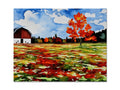 An Autumn leaf decorated canvas and a barn with trees and a black and white wooden border