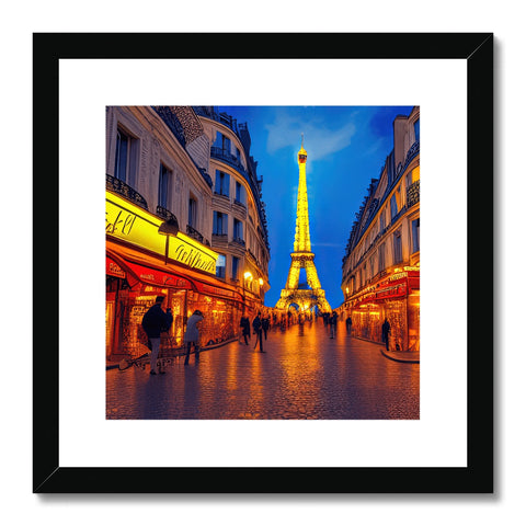 The photo is framed that is displayed on a blue wooden frame with the word Paris written