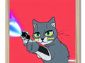 A cat in a photo of a cat sitting while holding a cat spray pistol.