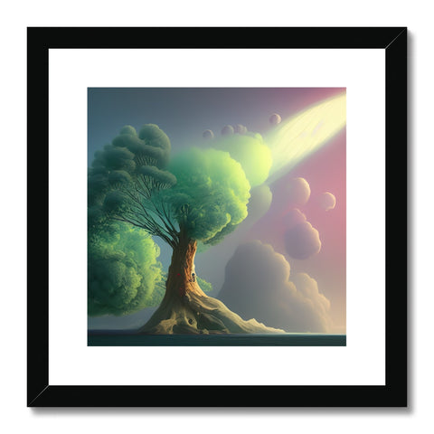 A framed art print of a tree tree top at the bottom of a room.