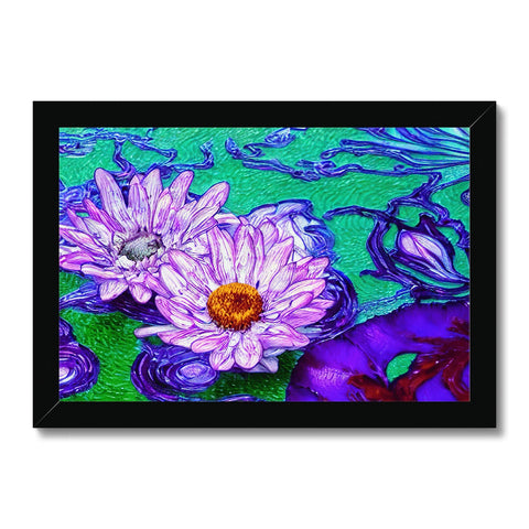 Art print of a purple flower and water lilies is hanging over a tarp.