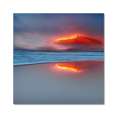 A volcano with a sunrise reflecting in a pond that is on a hillside overlooking the