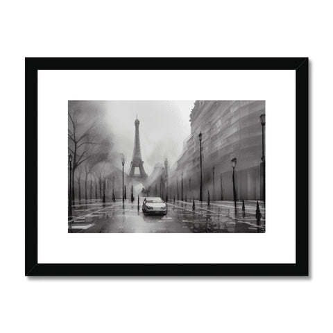 Art print of an image of Paris on top of a building on a wooden frame.