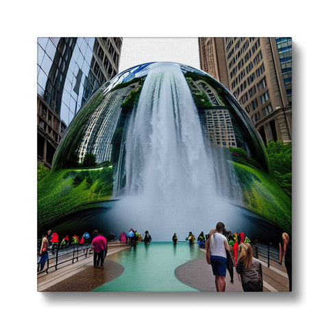 An art print with a water fountain holding a fountain in an outdoor city area.