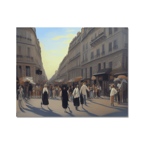 a street full of shops and shops and people walking by an art print