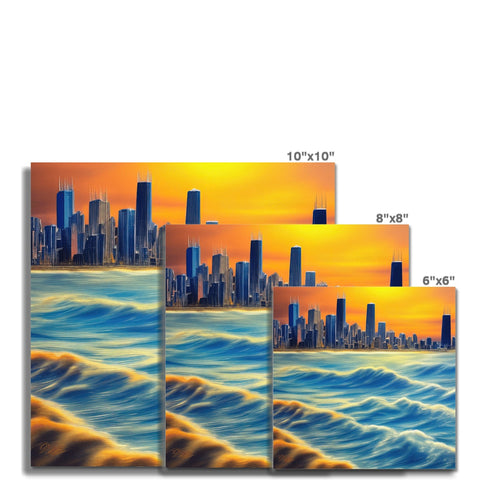 A large row of wood framed prints featuring city skyline scenery on tile.
