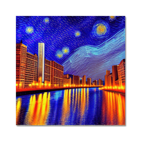 An artwork print with a skyline, city lights and tall buildings that are covered with white