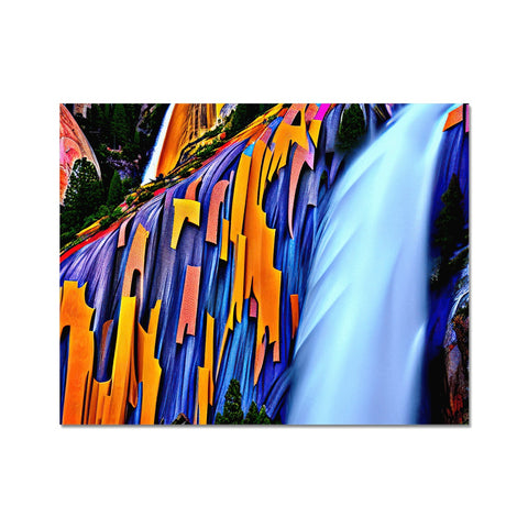 Colorful art print hanging on a wall above a white waterfallＡ