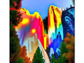 A large art print that is painted in two versions of a rainbow.