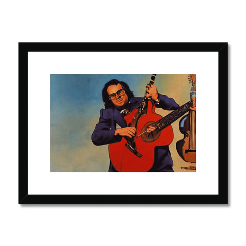 A man playing guitar with art print hanging on the wall.