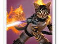 A cat holding a red stick with a stick of fire hydant in it.
