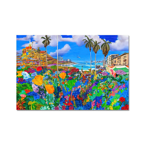 An a large print with flowers and palm trees.