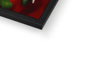 A picture frame with a white backdrop with a red and black image of a painting in